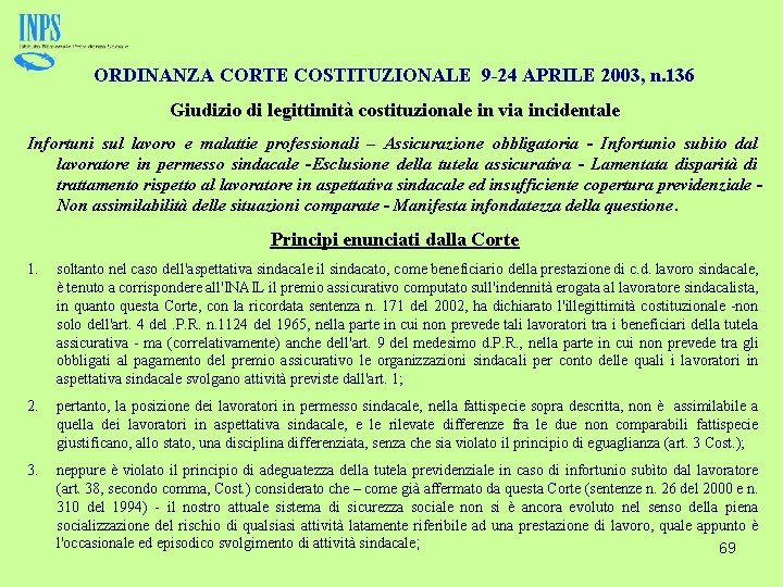 ORDINANZA CORTE COSTITUZIONALE 9 -24 APRILE 2003, n. 136 Giudizio di legittimità costituzionale in