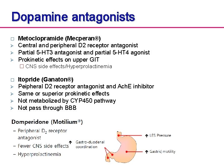 Dopamine antagonists � Ø Ø Ø Metoclopramide (Mecperan®) Central and peripheral D 2 receptor