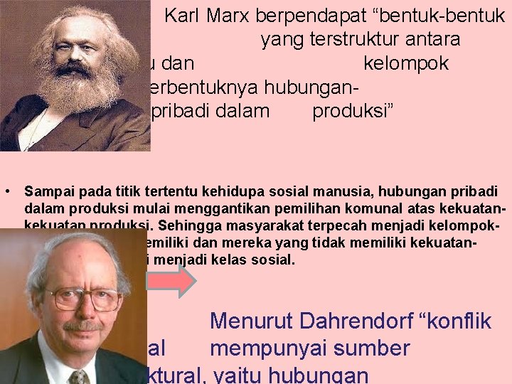 Karl Marx berpendapat “bentuk-bentuk konflik yang terstruktur antara berbagai individu dan kelompok muncul melalui