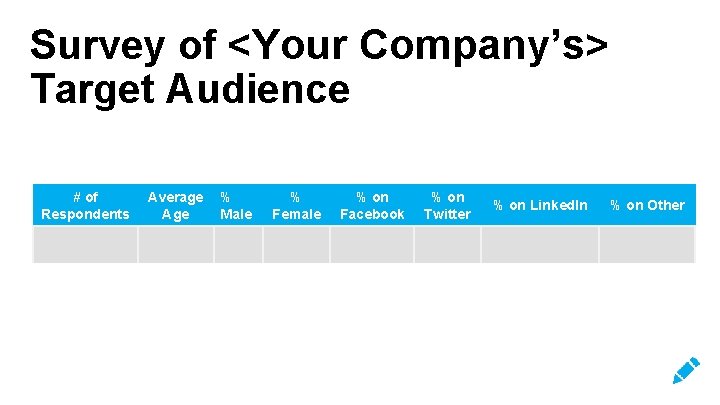 Survey of <Your Company’s> Target Audience # of Respondents Average Age % Male %