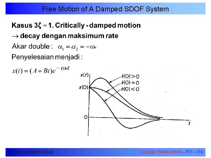 Free Motion of A Damped SDOF System Mekanika Getaran Dasar Jurusan Teknik Mesin –