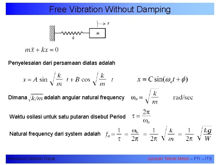 Free Vibration Without Damping Penyelesaian dari persamaan diatas adalah Dimana adalah angular natural frequency