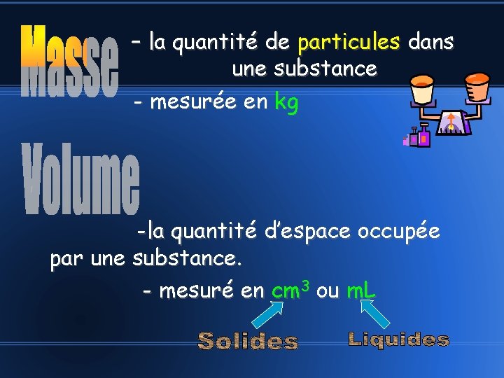 – la quantité de particules dans une substance - mesurée en kg -la quantité