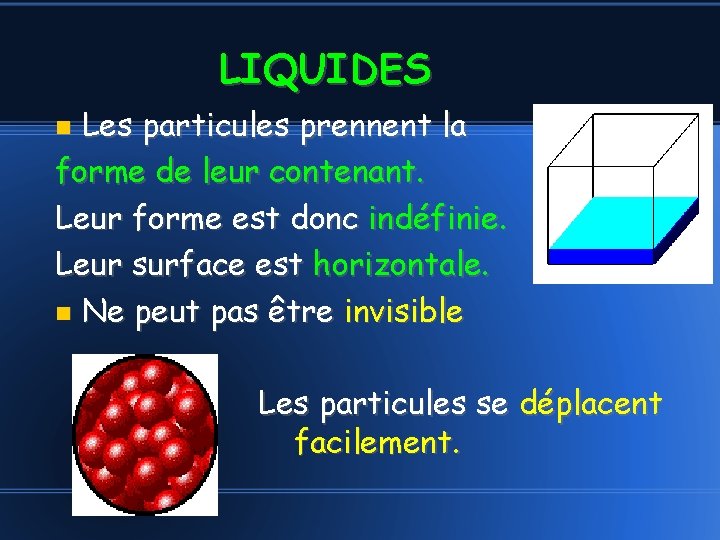 LIQUIDES Les particules prennent la forme de leur contenant. Leur forme est donc indéfinie.