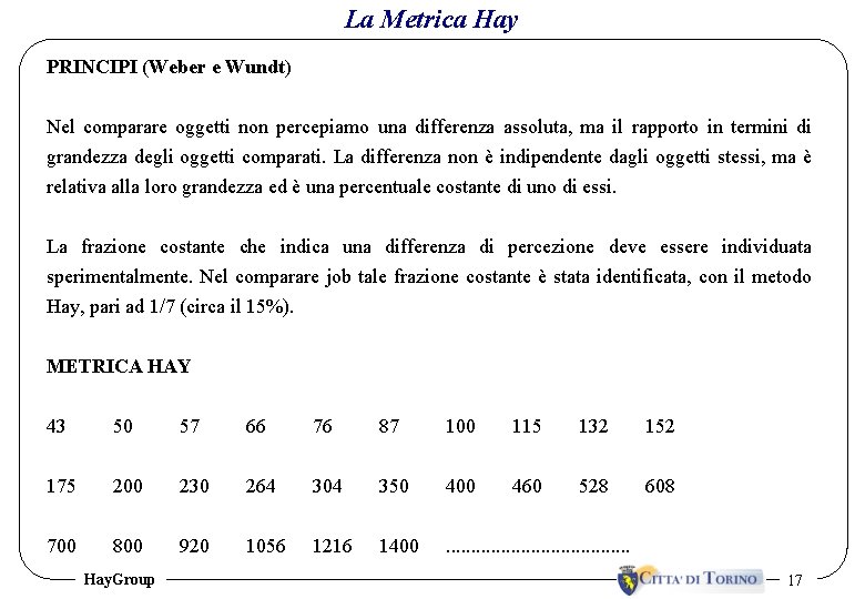 La Metrica Hay PRINCIPI (Weber e Wundt) Nel comparare oggetti non percepiamo una differenza