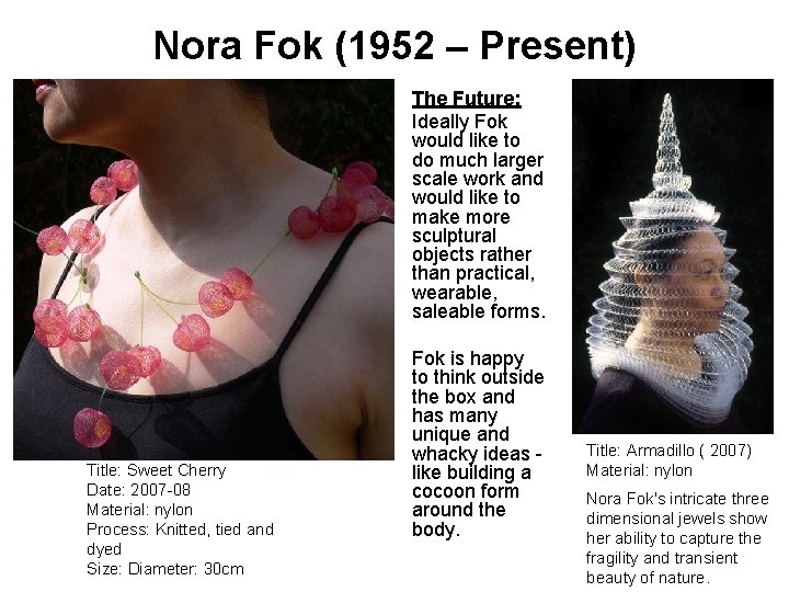 Nora Fok (1952 – Present) The Future: Ideally Fok would like to do much
