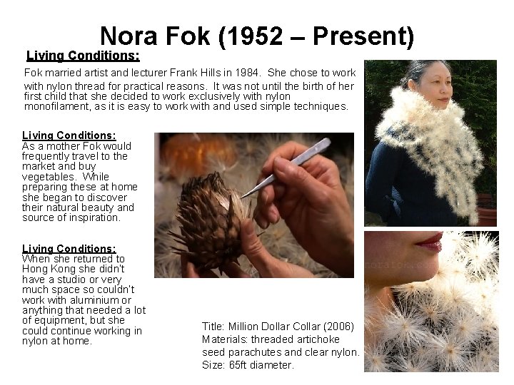 Nora Fok (1952 – Present) Living Conditions: Fok married artist and lecturer Frank Hills