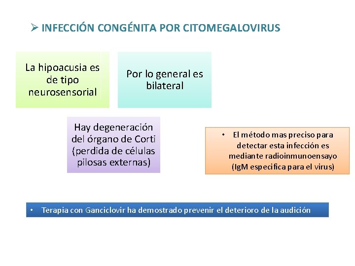 Ø INFECCIÓN CONGÉNITA POR CITOMEGALOVIRUS La hipoacusia es de tipo neurosensorial Por lo general