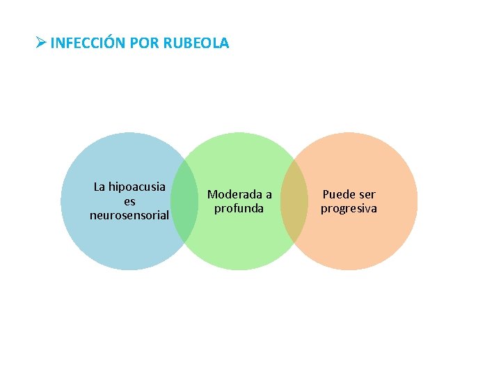 Ø INFECCIÓN POR RUBEOLA La hipoacusia es neurosensorial Moderada a profunda Puede ser progresiva