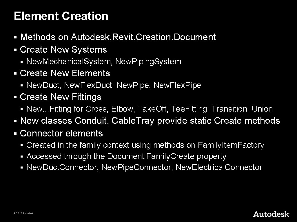 Element Creation Methods on Autodesk. Revit. Creation. Document § Create New Systems § §
