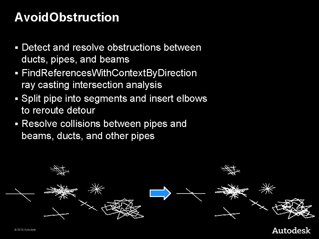 Avoid. Obstruction Detect and resolve obstructions between ducts, pipes, and beams § Find. References.