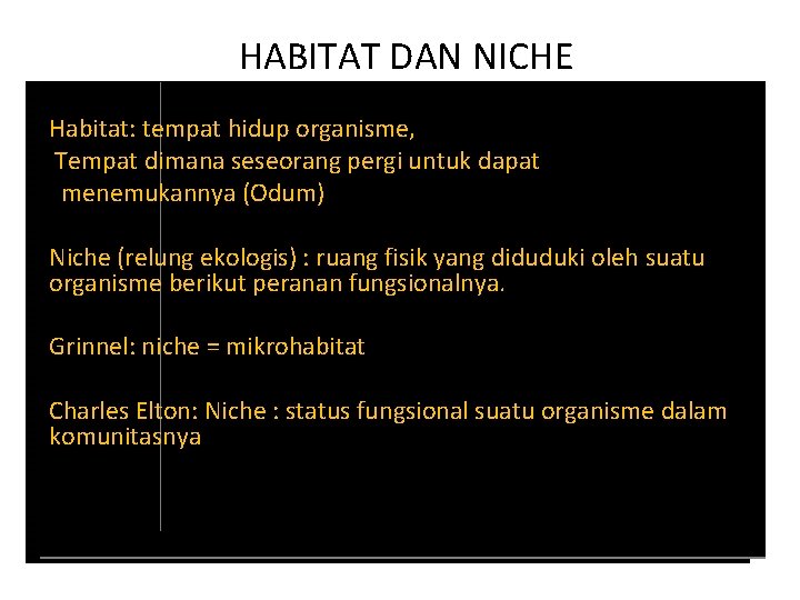 HABITAT DAN NICHE Habitat: tempat hidup organisme, Tempat dimana seseorang pergi untuk dapat menemukannya