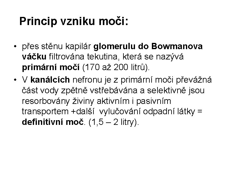 Princip vzniku moči: • přes stěnu kapilár glomerulu do Bowmanova váčku filtrována tekutina, která