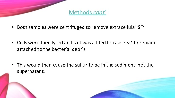 Methods cont’ • Both samples were centrifuged to remove extracellular S 35 • Cells