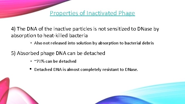 Properties of Inactivated Phage 4) The DNA of the inactive particles is not sensitized