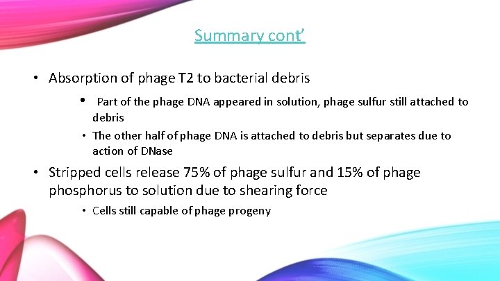 Summary cont’ • Absorption of phage T 2 to bacterial debris • Part of
