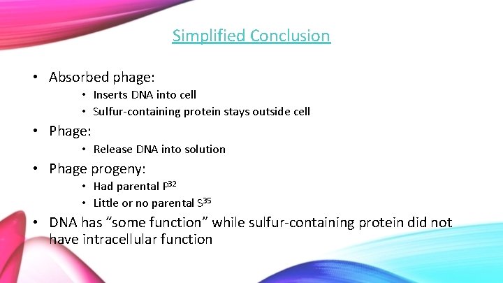 Simplified Conclusion • Absorbed phage: • Inserts DNA into cell • Sulfur-containing protein stays
