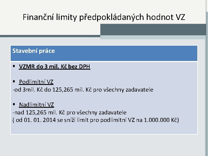 Finanční limity předpokládaných hodnot VZ Stavební práce § VZMR do 3 mil. Kč bez