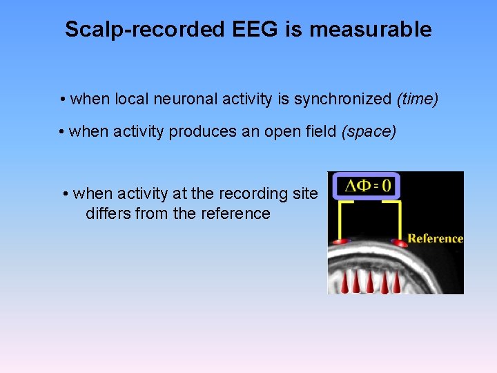 Scalp-recorded EEG is measurable • when local neuronal activity is synchronized (time) • when