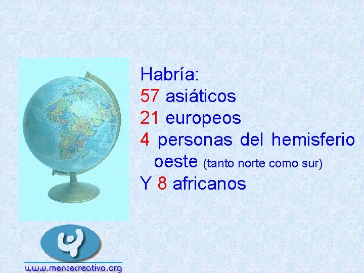 Habría: 57 asiáticos 21 europeos 4 personas del hemisferio oeste (tanto norte como sur)