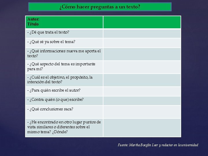 ¿Cómo hacer preguntas a un texto? Autor: Título - ¿Dé que trata el texto?