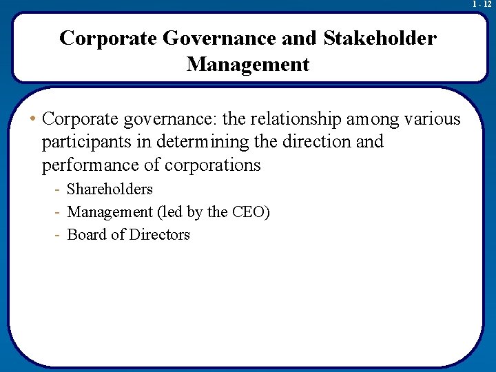 1 - 12 Corporate Governance and Stakeholder Management • Corporate governance: the relationship among