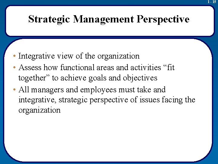 1 - 15 Strategic Management Perspective • Integrative view of the organization • Assess