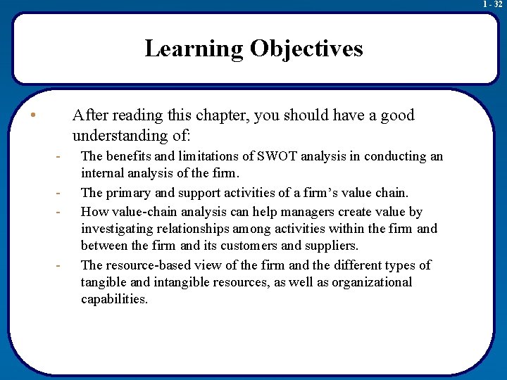 1 - 32 Learning Objectives • After reading this chapter, you should have a