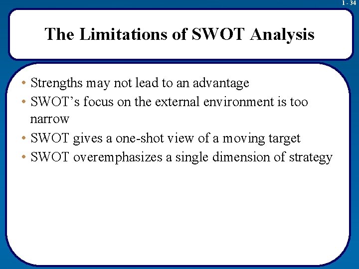 1 - 34 The Limitations of SWOT Analysis • Strengths may not lead to