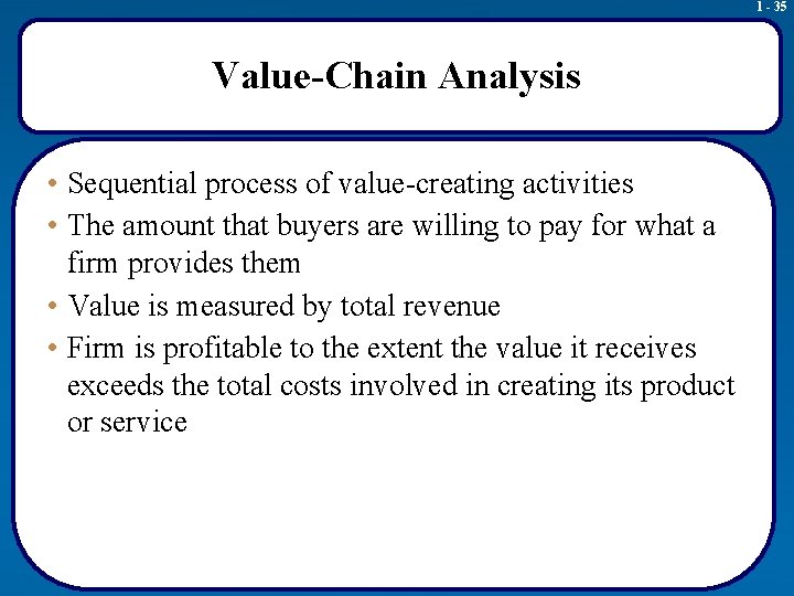 1 - 35 Value-Chain Analysis • Sequential process of value-creating activities • The amount