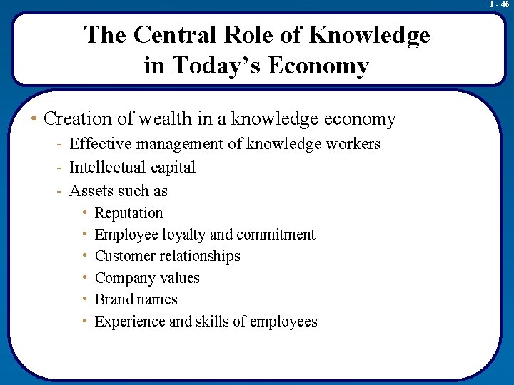 1 - 46 The Central Role of Knowledge in Today’s Economy • Creation of