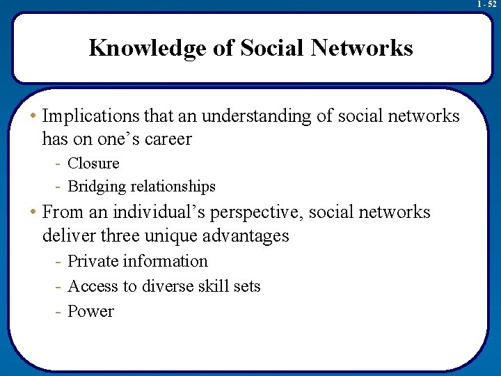 1 - 52 Knowledge of Social Networks • Implications that an understanding of social