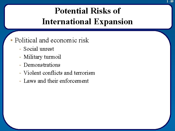 1 - 89 Potential Risks of International Expansion • Political and economic risk -