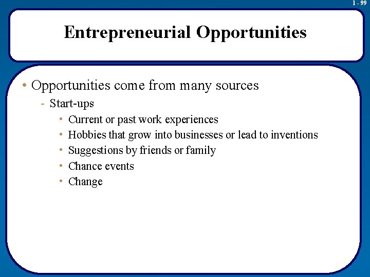 1 - 99 Entrepreneurial Opportunities • Opportunities come from many sources - Start-ups •