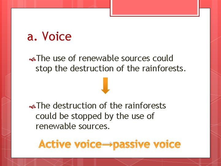 a. Voice The use of renewable sources could stop the destruction of the rainforests.