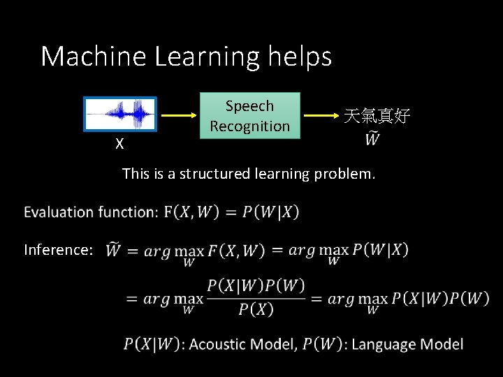 Machine Learning helps X Speech Recognition 天氣真好 This is a structured learning problem. Inference: