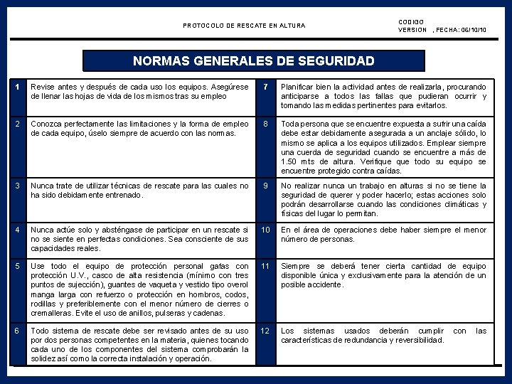 PROTOCOLO DE RESCATE EN ALTURA CODIGO VERSION , FECHA: 06/10/10 NORMAS GENERALES DE SEGURIDAD