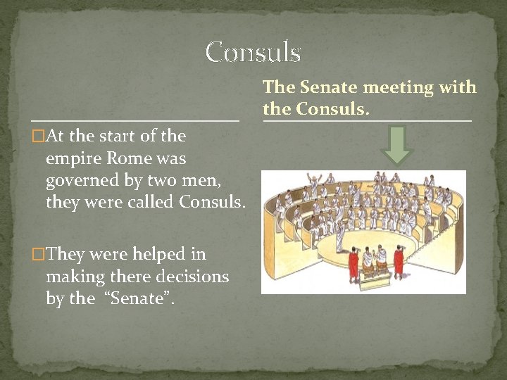 Consuls The Senate meeting with the Consuls. �At the start of the empire Rome