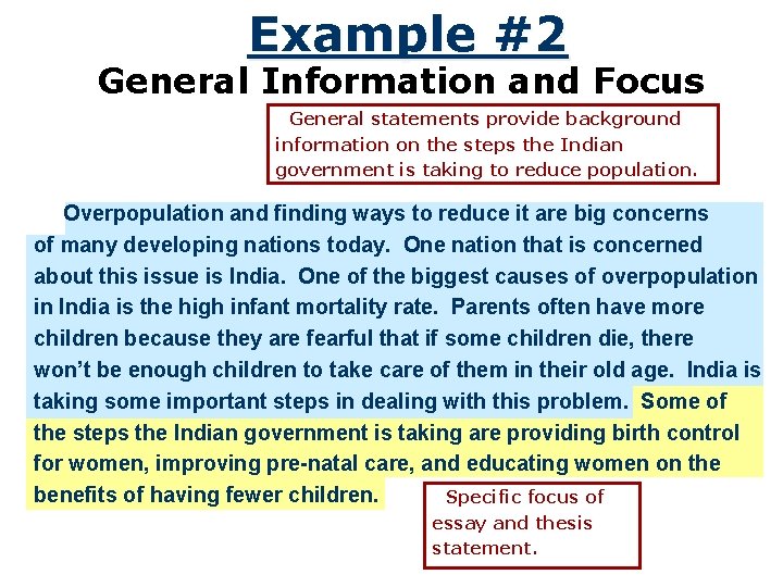 Example #2 General Information and Focus General statements provide background information on the steps