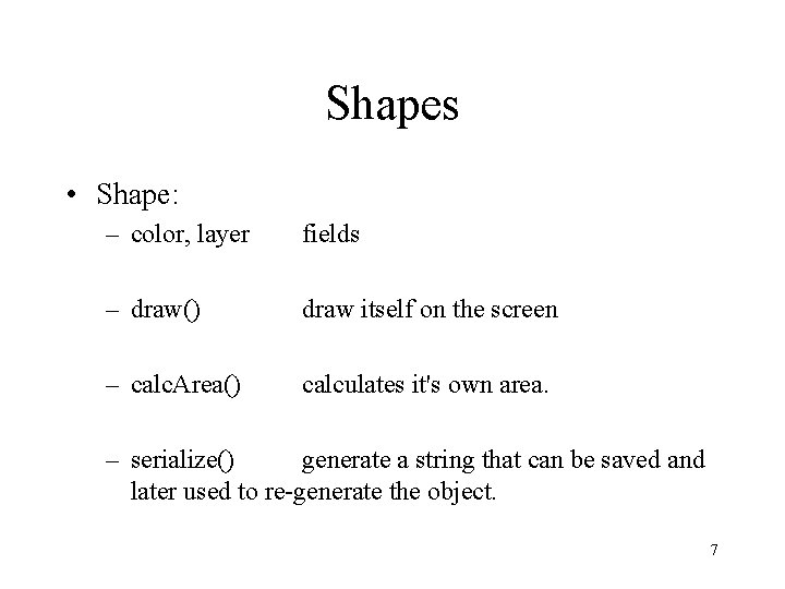 Shapes • Shape: – color, layer fields – draw() draw itself on the screen
