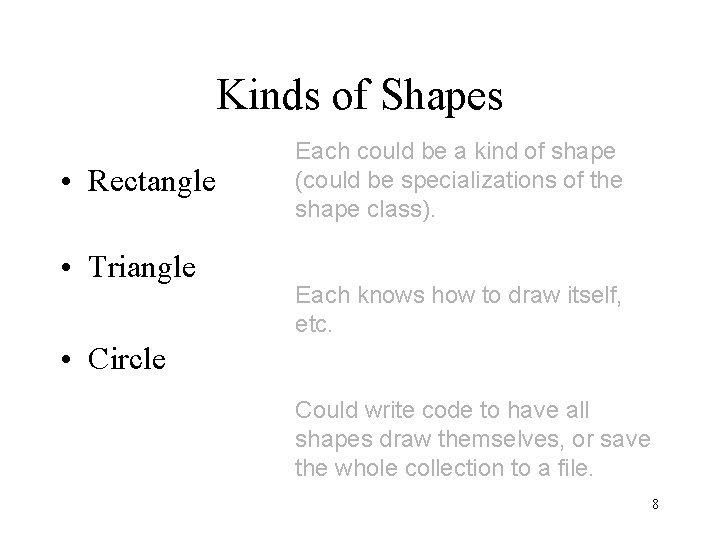 Kinds of Shapes • Rectangle • Triangle Each could be a kind of shape