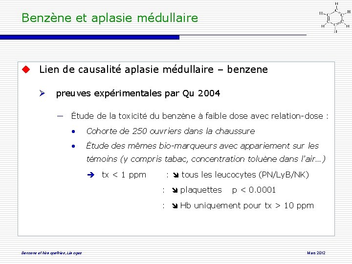 Benzène et aplasie médullaire Lien de causalité aplasie médullaire – benzene preuves expérimentales par