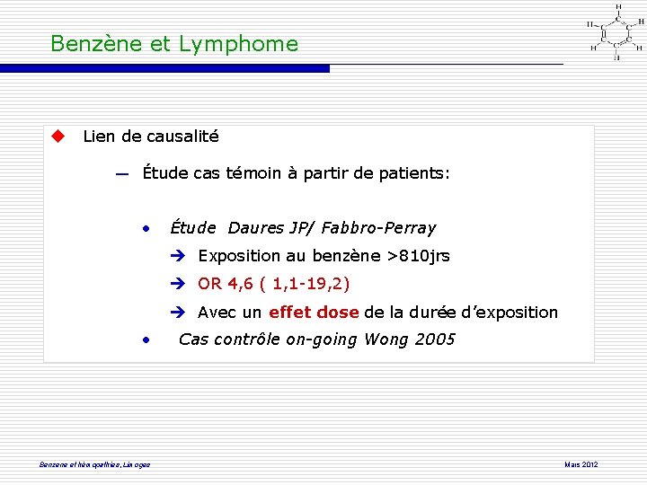 Benzène et Lymphome Lien de causalité ― Étude cas témoin à partir de patients: