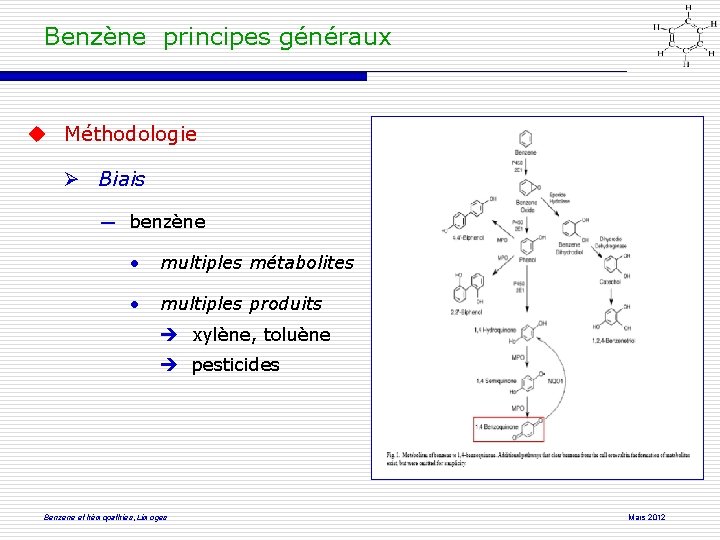 Benzène principes généraux Méthodologie Biais ― benzène • multiples métabolites • multiples produits è