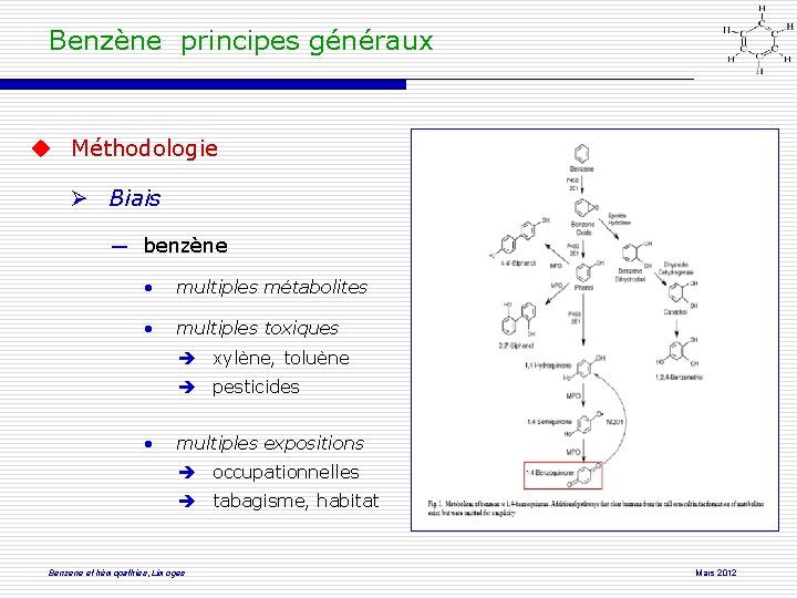 Benzène principes généraux Méthodologie Biais ― benzène • multiples métabolites • multiples toxiques è