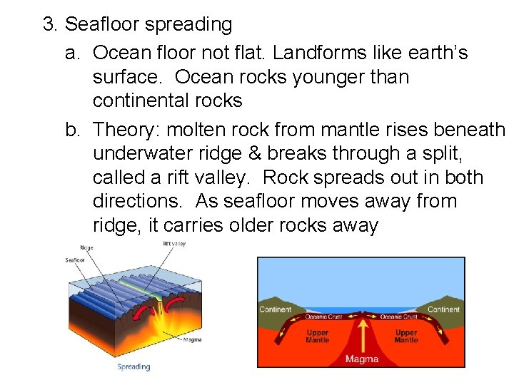 3. Seafloor spreading a. Ocean floor not flat. Landforms like earth’s surface. Ocean rocks