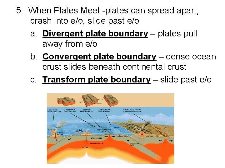 5. When Plates Meet -plates can spread apart, crash into e/o, slide past e/o