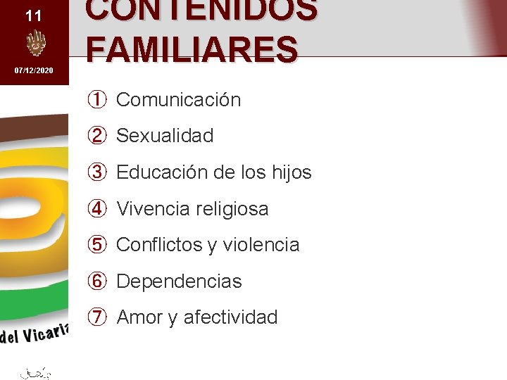 11 07/12/2020 CONTENIDOS FAMILIARES ① Comunicación ② Sexualidad ③ Educación de los hijos ④