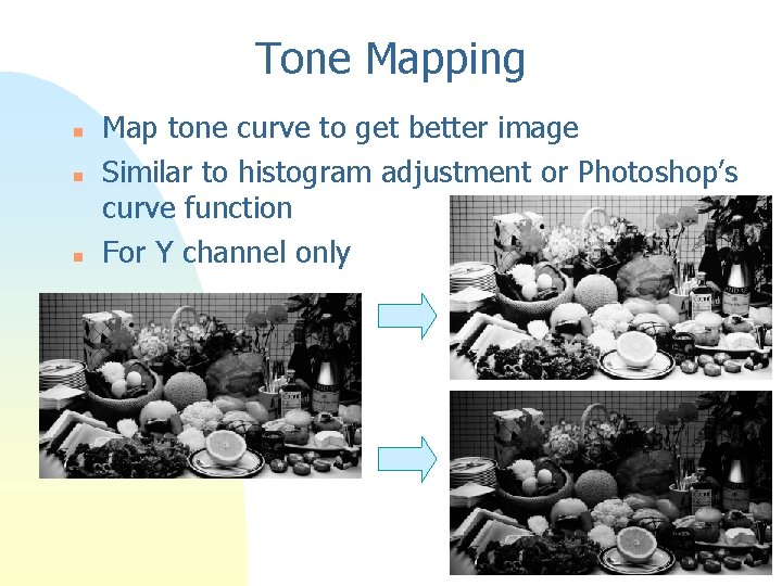 Tone Mapping n n n Map tone curve to get better image Similar to