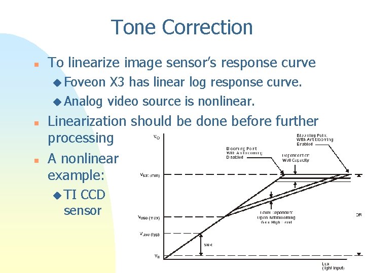 Tone Correction n To linearize image sensor’s response curve u Foveon X 3 has